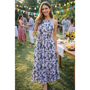 Rachel Ashwell Floral Halter Tiered Maxi Dress Size Medium Lavender Party